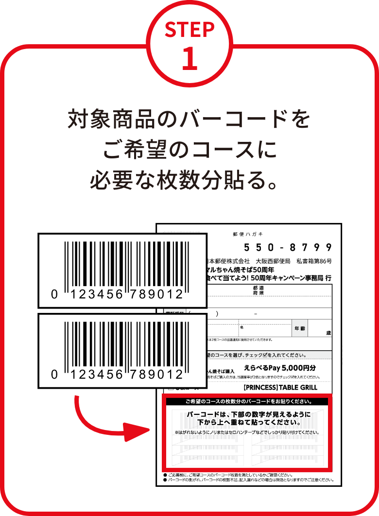 STEP1 対象商品のバーコードをご希望のコースに必要な枚数分貼る。